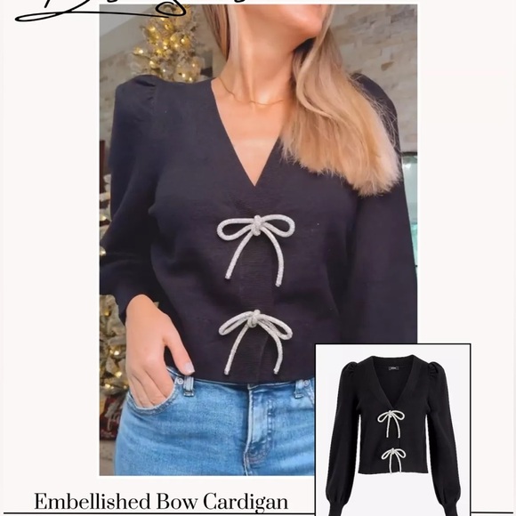Express -viral ✨Holidays✨black embellished rhinestone bow front sweater cardigan - Picture 10 of 14